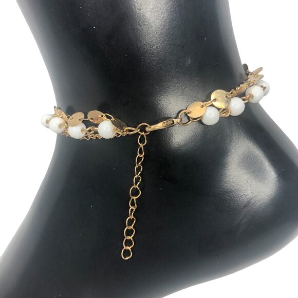 Gold and White Triple Strand Leaf and Beads Anklet - Picture 4 of 4